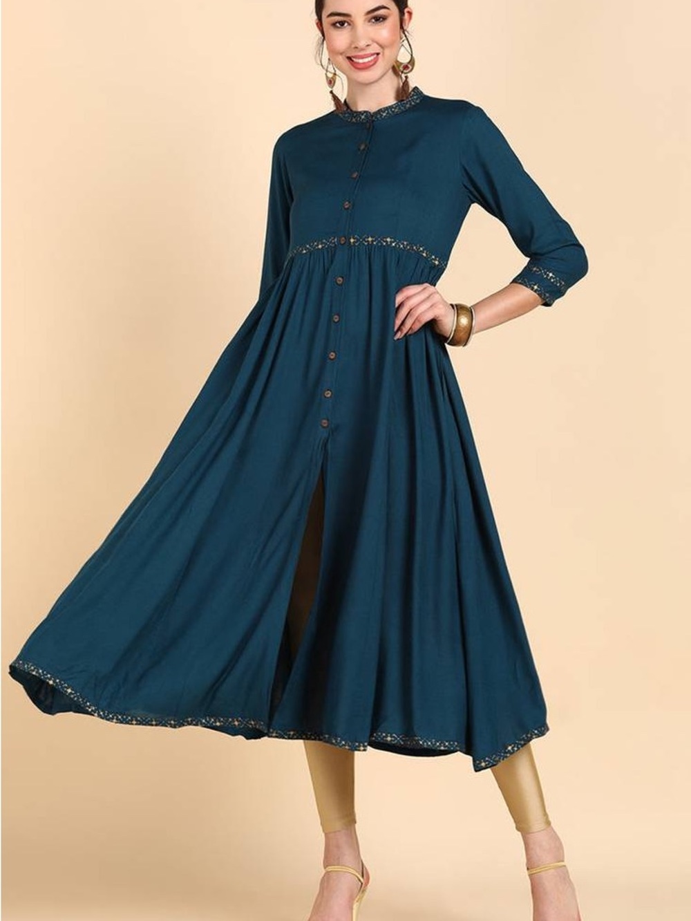 Teal Printed Cotton Ethnic Kurti